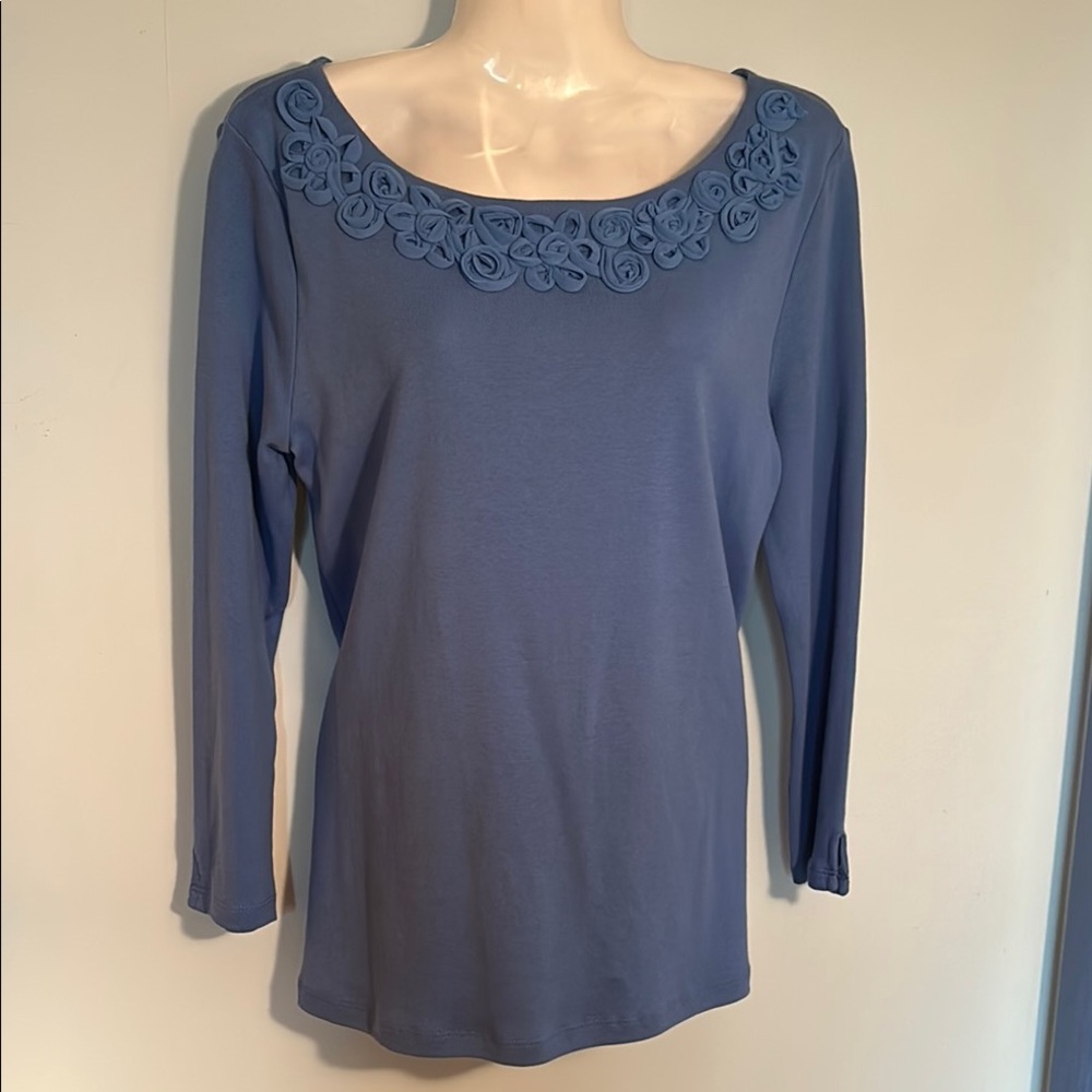 Women’s Rafaella Blue Blouse with Elegant Floral Design Neckline